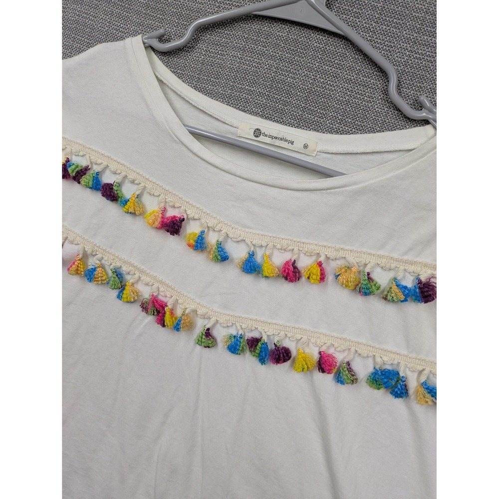 The Impeccable Pig Shirt Womens Medium White Tassel Fringe Cropped Tee Cotton